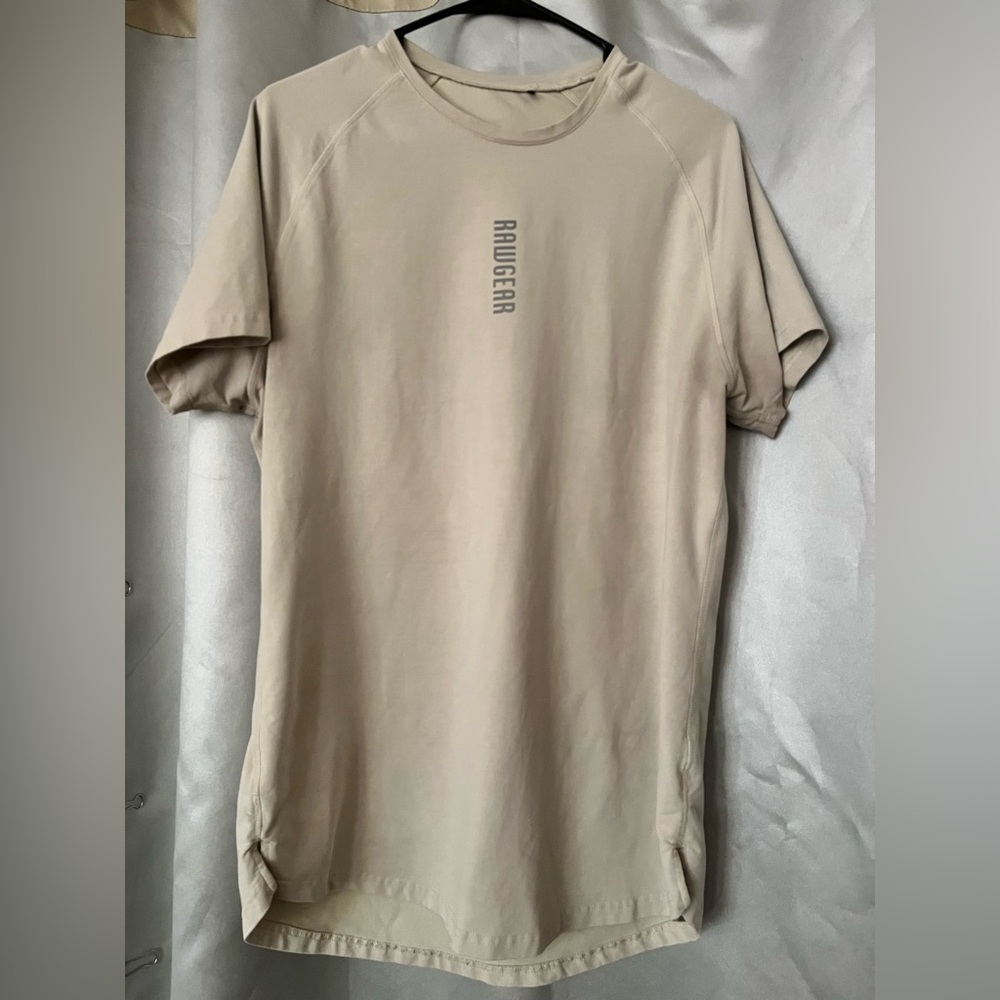Rawgear Mens Large Tan Athletic Stretch Gym Lifting Performance Logo GUC